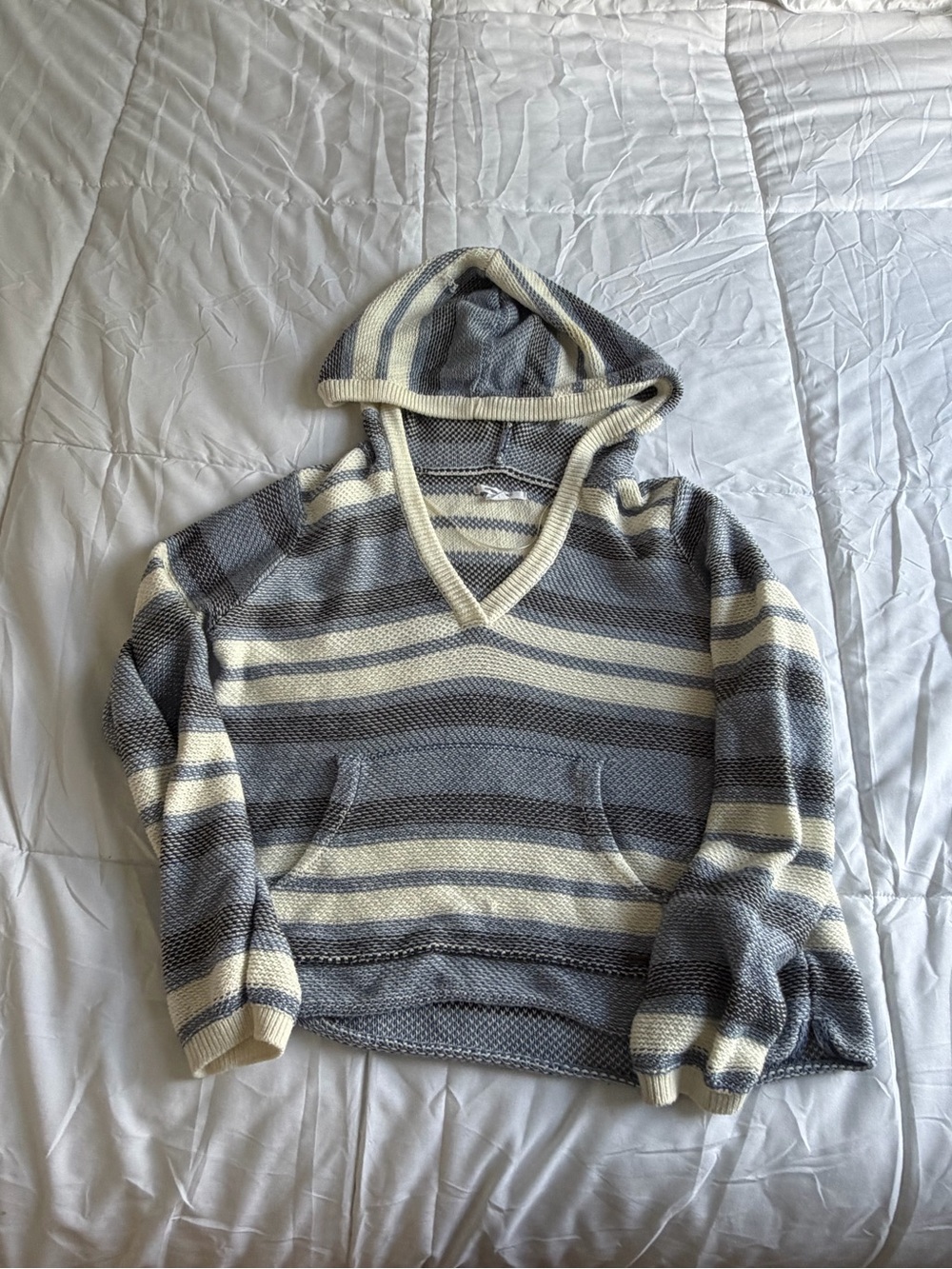 O'Neill Striped V-Neck Hooded Sweater in Gray and Cream